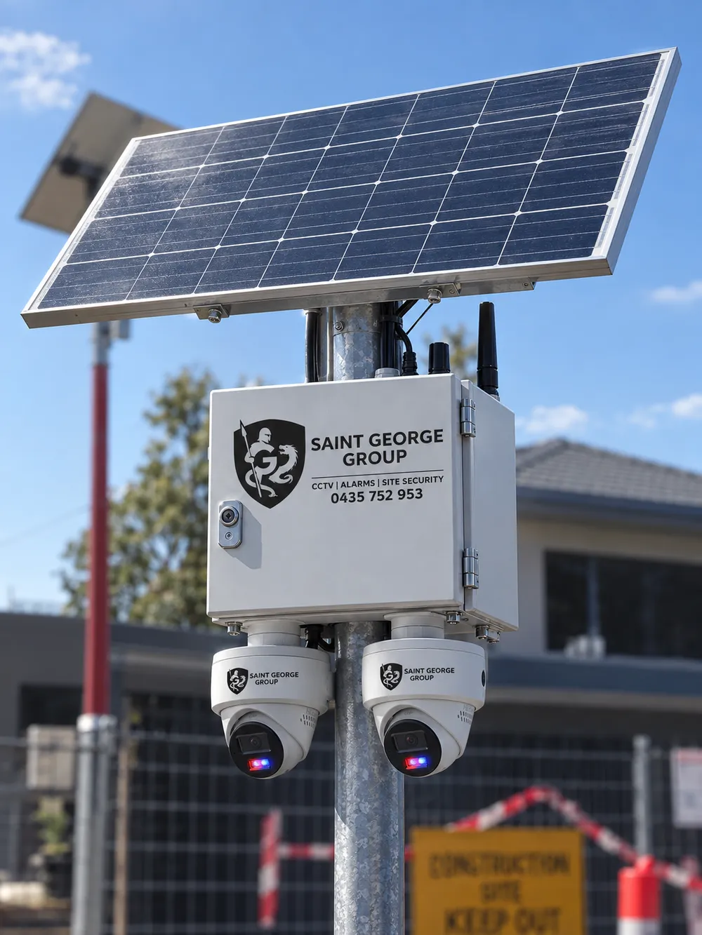 Saint George Group solar-powered Site CCTV pole with two dome cameras, installed at a construction site.