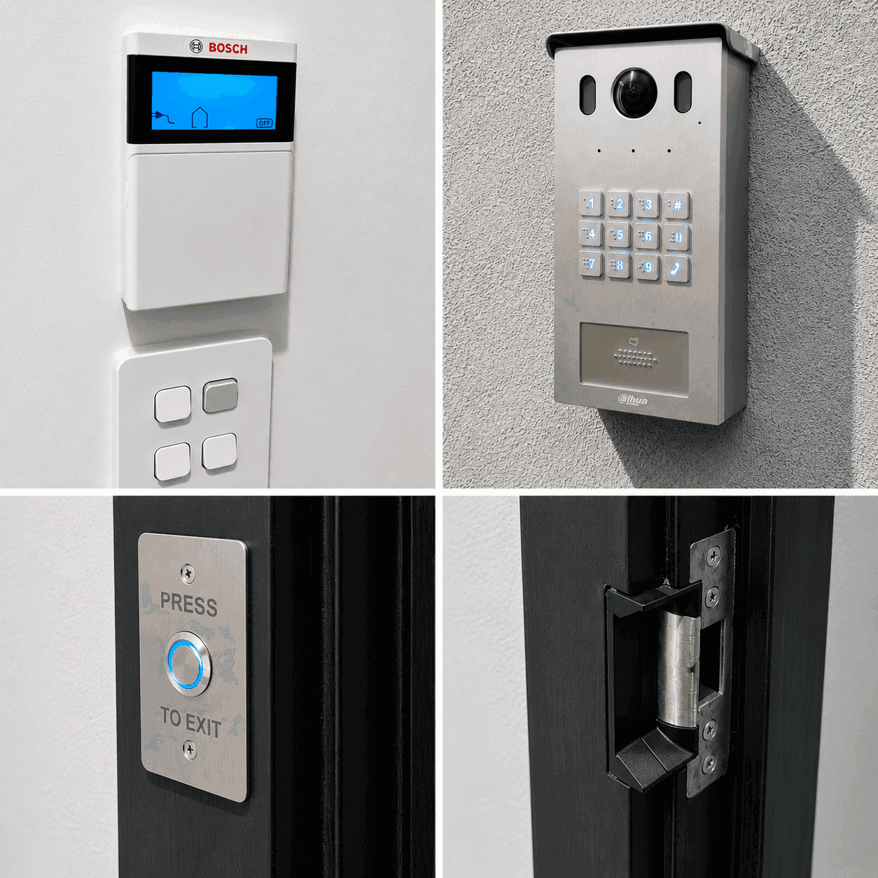 Access control installation showing alarm keypad, video intercom, exit button, and electric strike