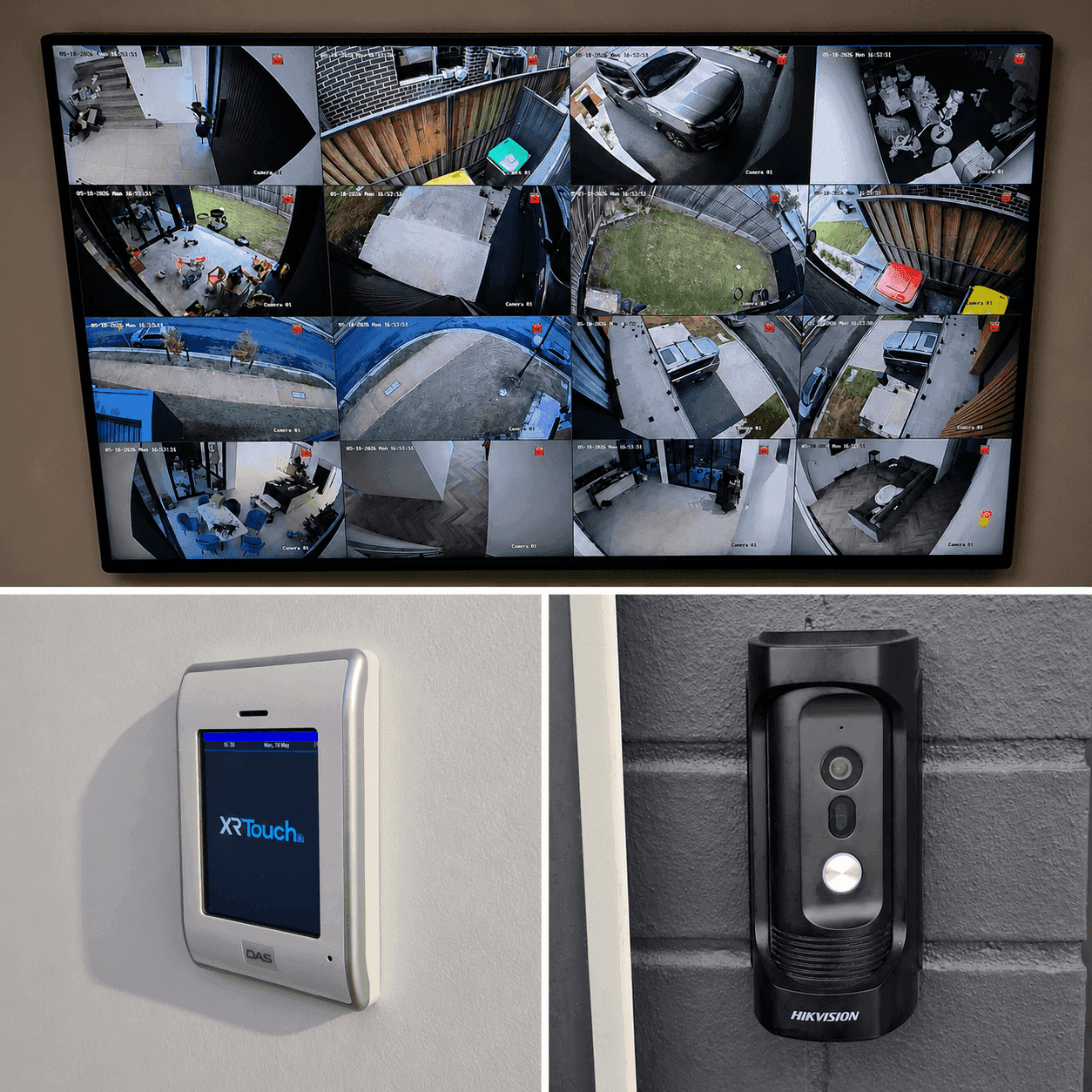 CCTV monitoring display with alarm keypad and Hikvision intercom hardware