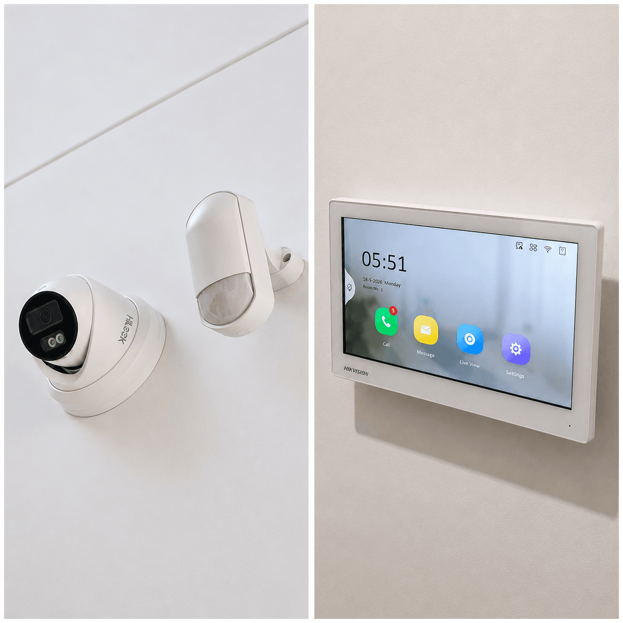 Indoor HiLook CCTV camera, PIR motion sensor, and Hikvision touchscreen monitor
